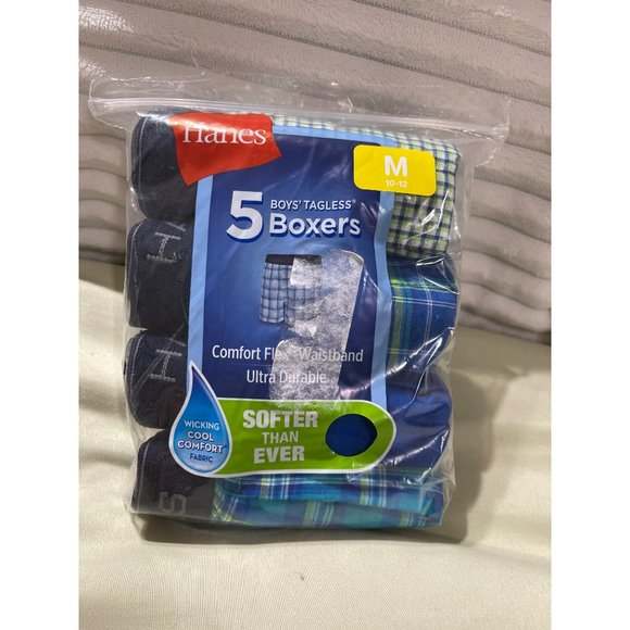 Hanes Boys Plaid Tagless Boxers 5-Pack, Green & Blue - Medium - Picture 5 of 6